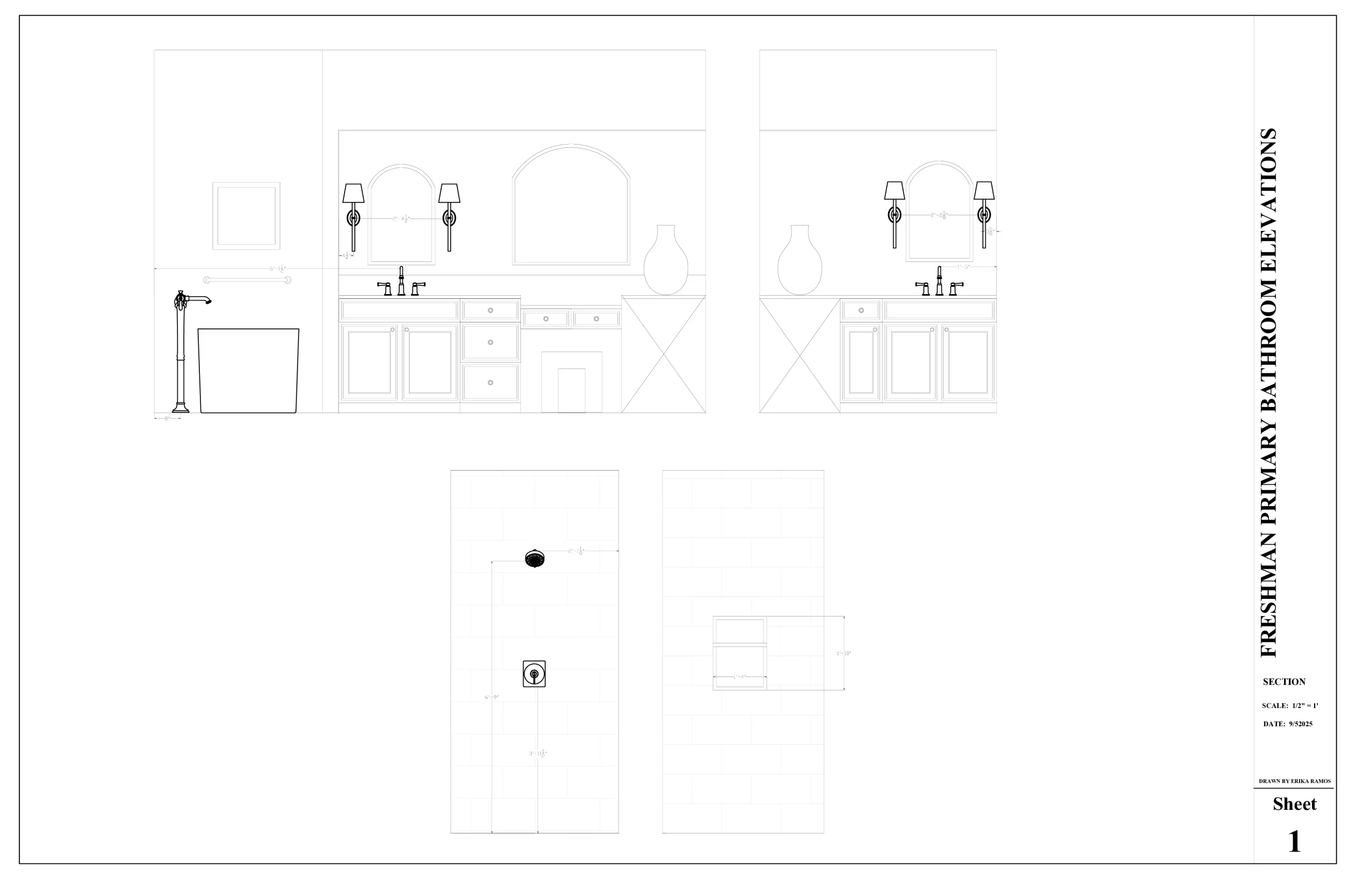 Architectural elevation drawing for El Macero Estates primary bathroom remodel design by Erika Ramos Interiors