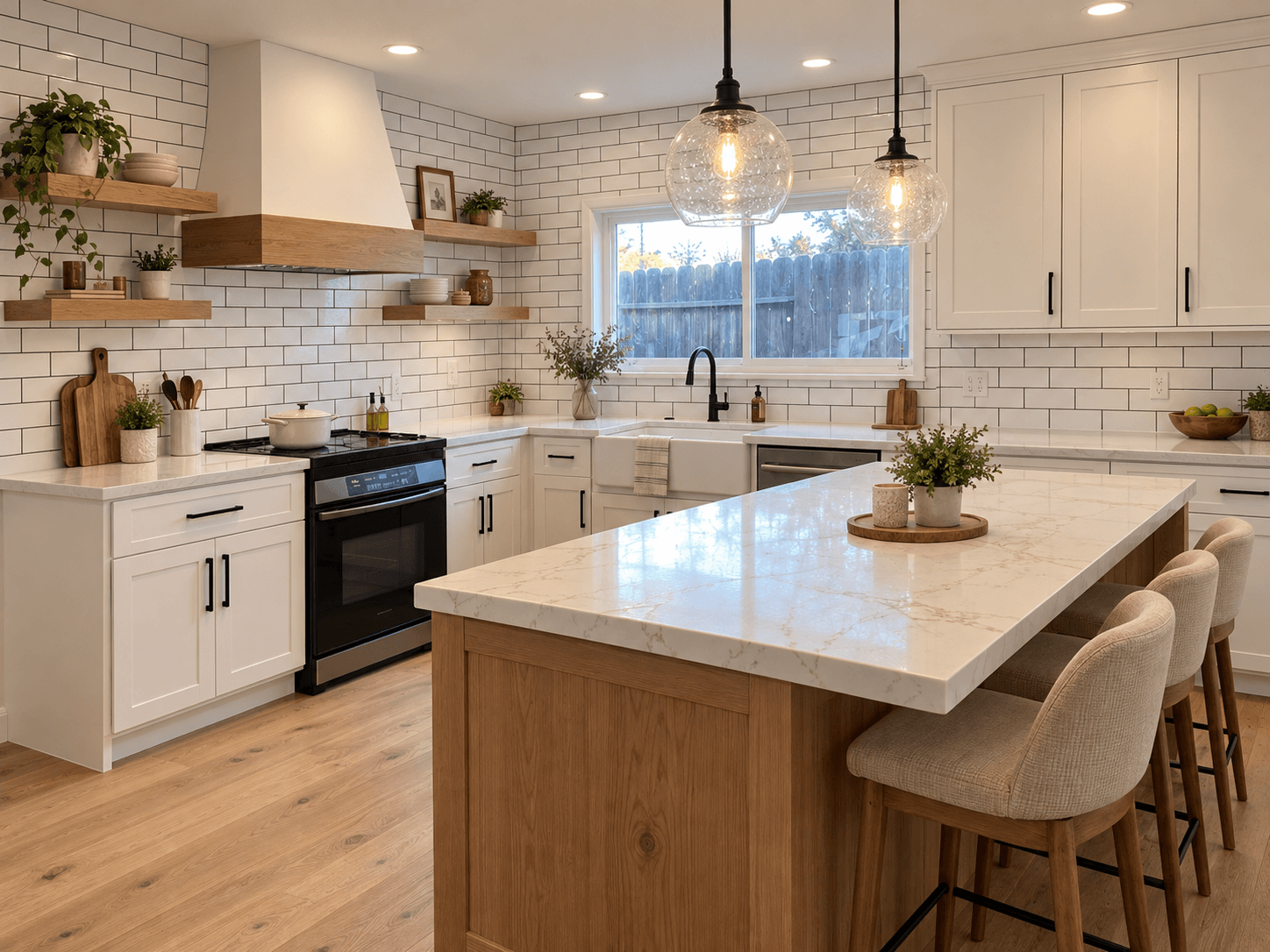 A free AI tool's redesign of the same kitchen: white cabinets, open shelving, a plaster range hood, and a wood island with three stools.