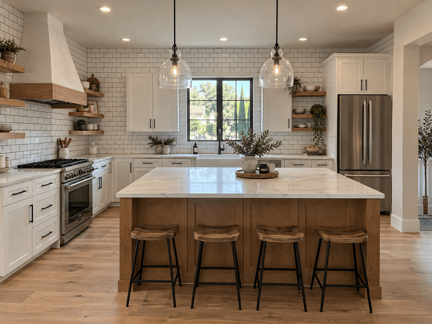 A paid AI tool's redesign with a black-framed window onto a garden, an archway on the right, a stainless refrigerator wall, and a professional gas range.